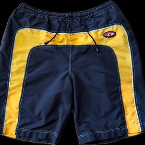 Retro D Logo Swim Trunks – Black & Yellow Board Shorts, Size L, Y2K Style